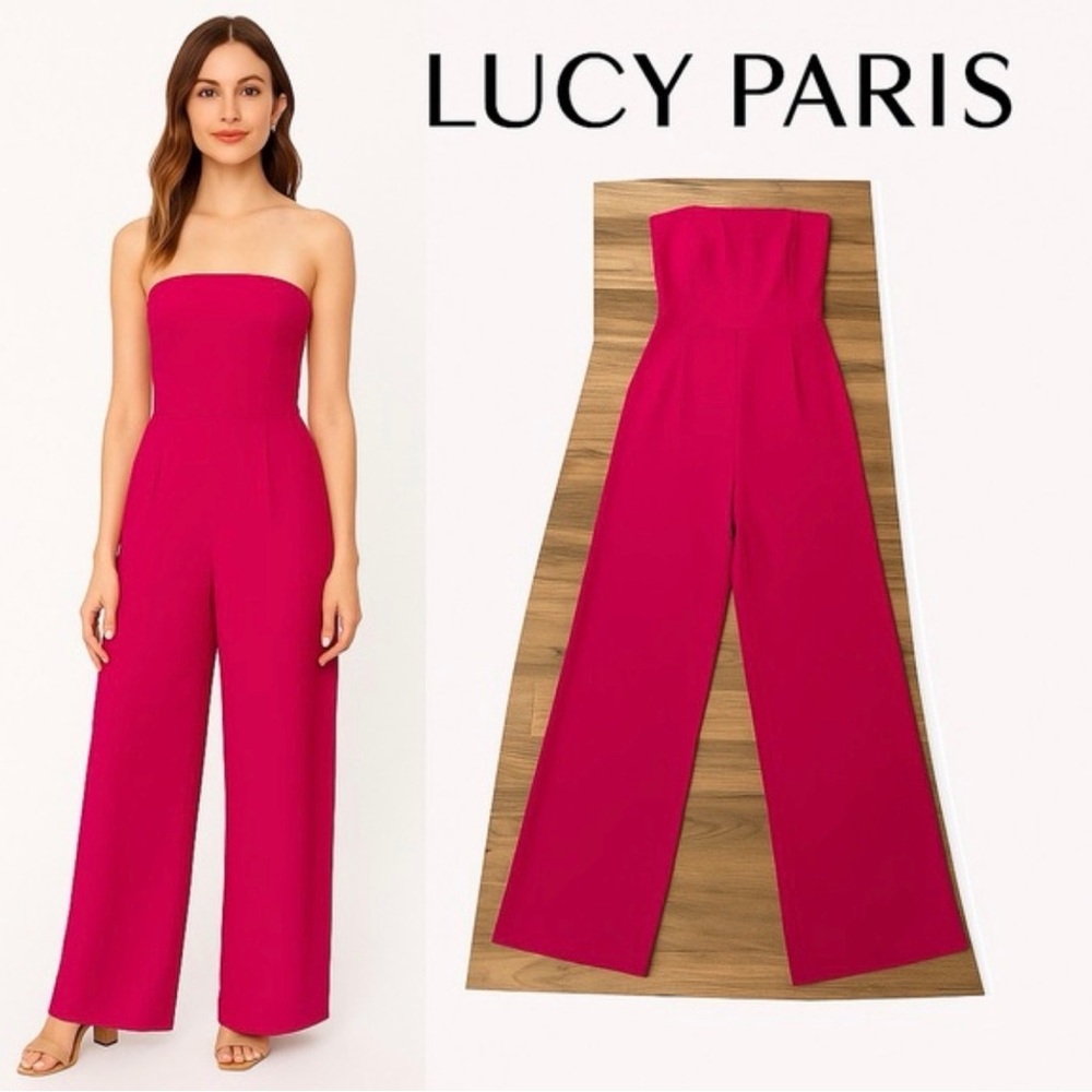 Lucy Paris, Striking Natalie Strapless Fuchsia Wide Leg Jumpsuit
